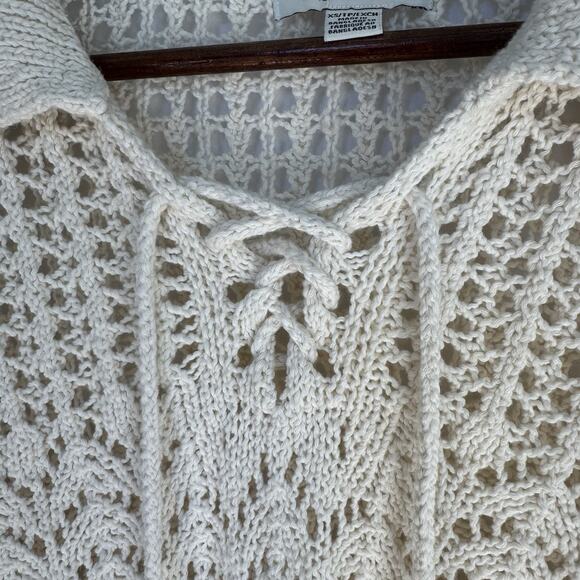 American Eagle Women’s XS Lace Up Collared Crochet Open Knit Cream Sweater Boho - Picture 5 of 10